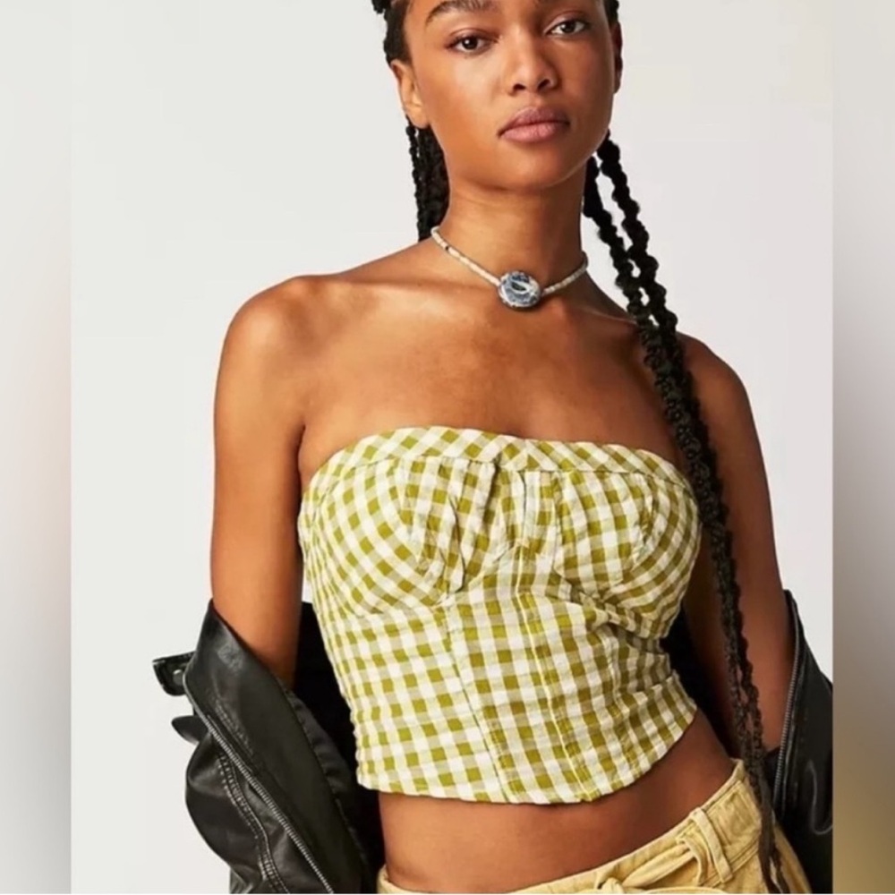 FREE PEOPLE Leilani Gingham Tube Top - Green combo